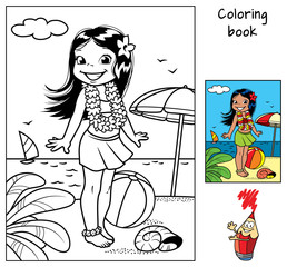 Little hula girl at the beach wearing a Hawaiian garland. Coloring book. Cartoon vector illustration