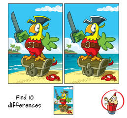 Obraz premium Papuga pirat z kordelasem na skrzyni skarbów. Znajdź 10 różnic. Gra edukacyjna dla dzieci. Ilustracja kreskówka wektor