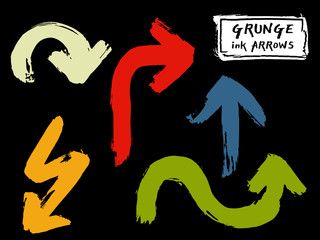 Set of color grungy vector  hand paint ink brush lines. Grunge stroke colorful curve arrows on black background. Chinese calligraphy style graffiti frame