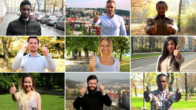 4K compilation (montage) - group of nine people smile and show double thumb up to the camera in various environments