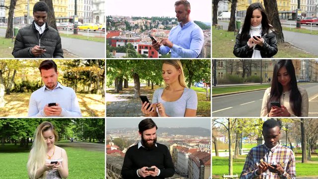 4K compilation (montage) - group of nine people work on smartphones in various environments