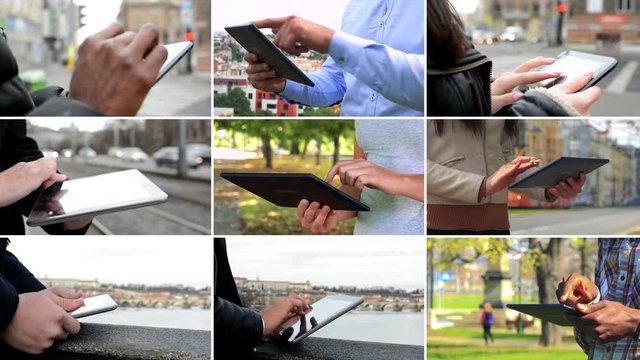 4K compilation (montage) - group of nine people work on tablets in various environments - closeup