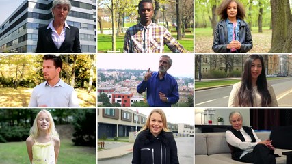 4K compilation (montage) - group of nine people talk to the camera in various environments
