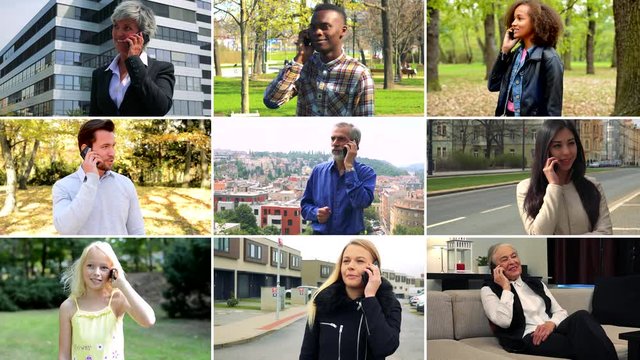 4K compilation (montage) - group of nine people talk on smartphones in various environments