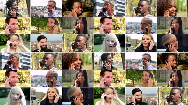 4K compilation (montage) - group of people talk on smartphones in various environments - face closeup