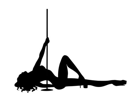 Black vector silhouette of girl and pole on a white background. Pole dance illustration for fitness, striptease dancers, exotic dance. Vector EPS10 isolated. Logo sexy woman dancer