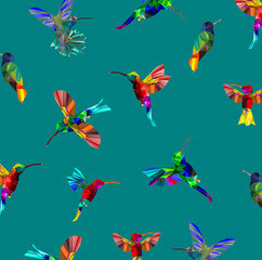 Pattern with Low poly colorful Hummingbird with rainbow back ground,animal geometric,party birds concept,vector.	