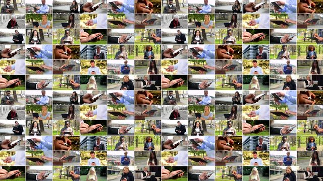 4K compilation (montage) - group of people work on devices in various environments
