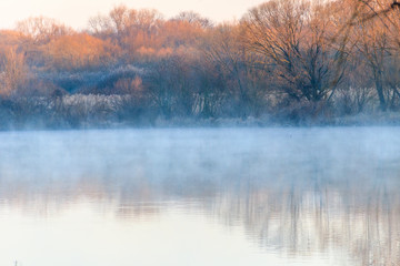 Peaceful lake in the mist. Fog over pond at morning