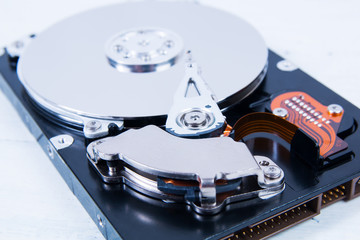 Open computer hard disk drive (HDD) closeup