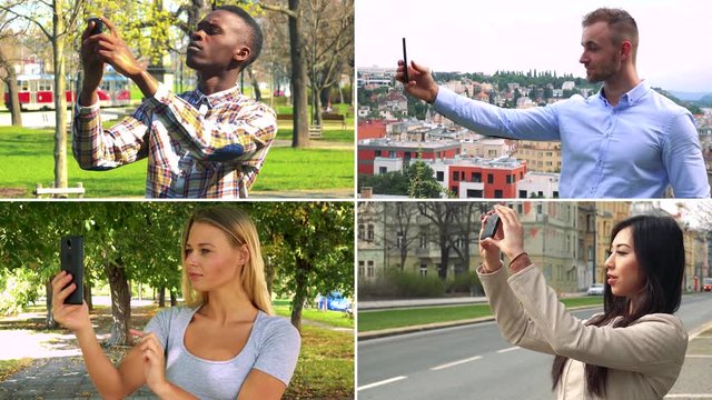 4K compilation (montage) - group of four people take pictures with smartphones in various environments