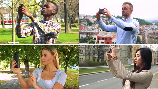 4K compilation (montage) - group of four people take pictures with smartphones in various environments