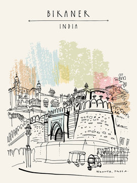 Bikaner, Rajasthan, India. Junagarh fort. Street view.Auto rickshaws parking. Travel sketch, artistic drawing. Vintage hand drawn touristic postcard or poster