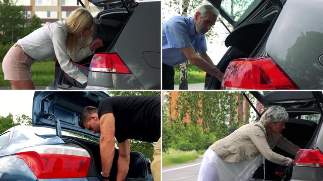 4K compilation (montage) - four people rummage around in a trunk of a car