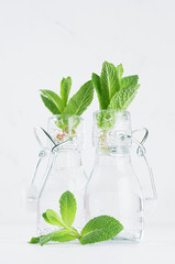 Transparent lemonade with mint sprig in vintage bottles on soft white wood background. Summer fresh beverage, vertical.