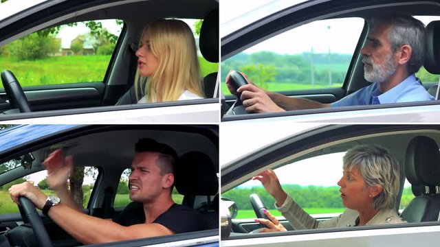 4K compilation (montage) - four people rage in a car in a traffic - closeup from the side