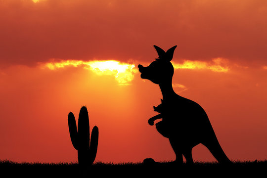 Illustration of kangaroos at sunset