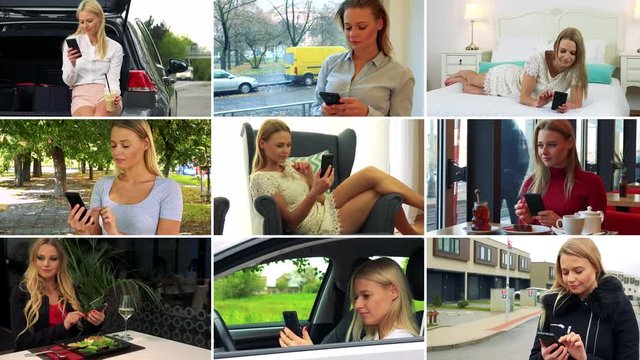 4K compilation (montage) - a young beautiful woman works on a smartphone in various environments