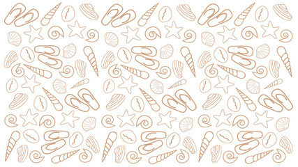 White brown background with seashells, starfish, slippers.