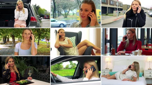4K compilation (montage) - a young beautiful woman talks on a smartphone in various environments