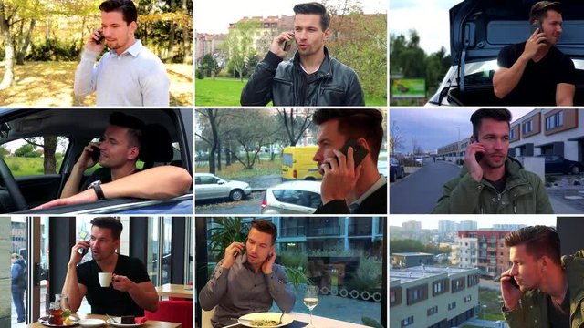 4K compilation (montage) - a young handsome man talks on a smartphone in various environments