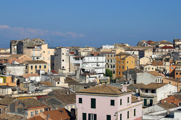 old buildings Corfu town cityscape summer season