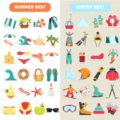 Summer and winter rest color flat icons set