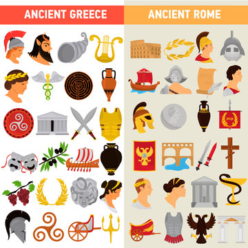 Rome and Greece great civilizations color flat icons set