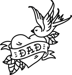 A tattoo with the inscription of Dad. Heart tattoo with a birdie. Tattoo in the style of the American old school. Vector flat tattoo. The illustration is isolated on a white background. Congratulation