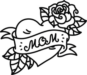 A tattoo with the inscription of Mom. A heart and flower tattoo with a flower. Tattoo in the style of the American old school. Vector flat tattoo. The illustration is isolated on a white background. C