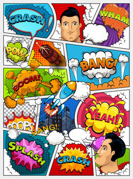Comic book page layout. Comics template. Retro background mock-up. Divided by lines with speech bubbles, city, rocket, superhero and sounds effect. Vector illustration