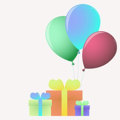 Three bright festive gift boxes with three balloons