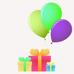 Fototapeta na wymiar Three bright festive gift boxes with three balloons