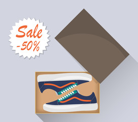 Stylish modern sneakers in box, side view. Sale with a discount of 50 percent. Sports or casual shoes. Illustration for a shoe store. Vector flat illustration.