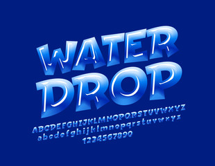 Vector Blue Sign Water Drop. Candy style Font. Glossy Alphabet Letters, Numbers and Symbols