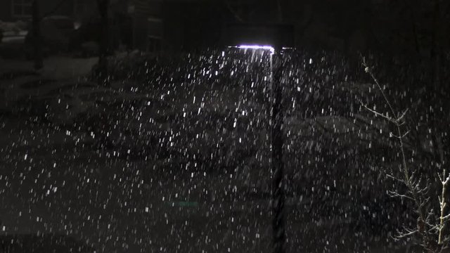 Snowing at night, the falling flakes visible in the beam from a streetlight. A parking lot and cars that have begun to be covered in snow in the background.