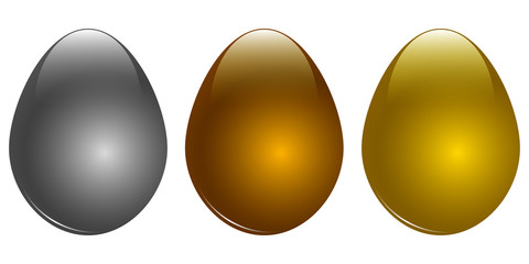 Trzy jajka wielkanocne, złote, srebrne i miedziane - obrazy, fototapety, plakaty
