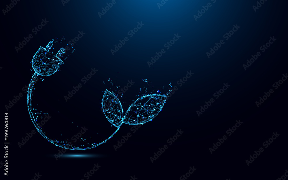 Aufkleber Ecology concept with Electric and Plant power plug form lines and triangles, point connecting network on blue background. Illustration vector