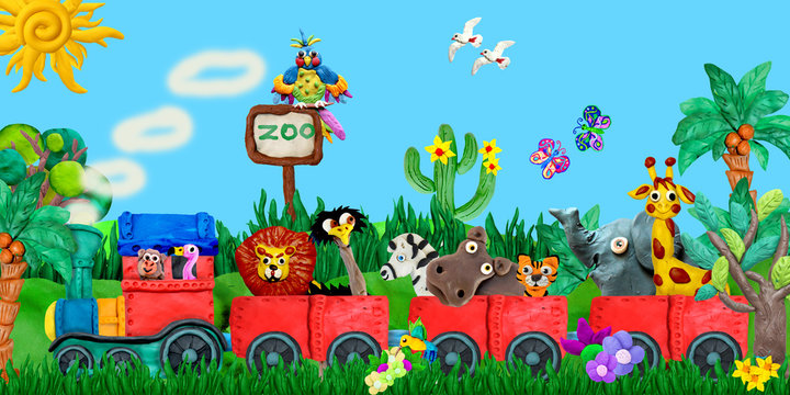 Traveling  Zoo animals 3D rendering children banner illustration