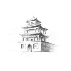 Chinese pagoda painted with a pencil. Hand-drawn. Close up. Isolated on white background