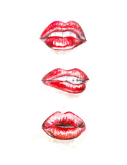 Bright red lips. Hand-drawn. A watercolor drawing. Close up. Isolated on white background