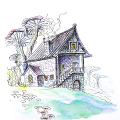 Mushroom house. Hand-drawn. A watercolor drawing. Close up. Isolated on white background