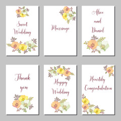 Botanic card with wild flowers, leaves.