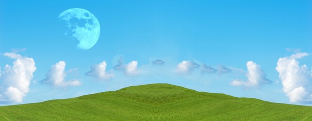 Obraz na płótnie Canvas Green field and blue sky with clouds, panoramic view
