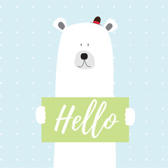 Polar bear hello vector card illustration on a dotted pattern background
