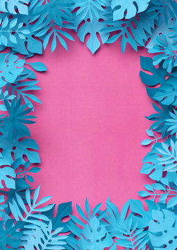 3d render, craft paper tropical leaves, pink blue floral background, square frame, decorative foliage, wild jungle, botanical wallpaper, digital illustration