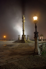Porto. Pillar of shame near the cathedral in fog.