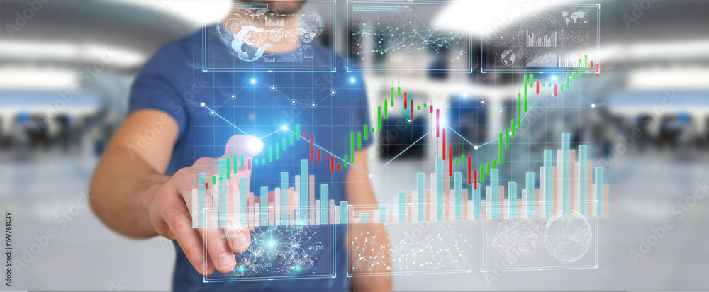 Aufkleber Businessman using 3D rendering stock exchange datas and charts