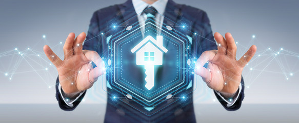 Businessman using real estate digital interface 3D rendering