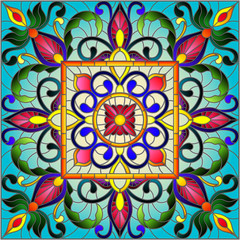 Illustration in stained glass style, square mirror image with floral ornaments and swirls